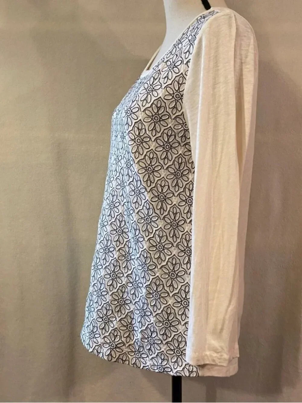 J. Crew black & cream embroidered floral 3/4 sleeve cotton knit top